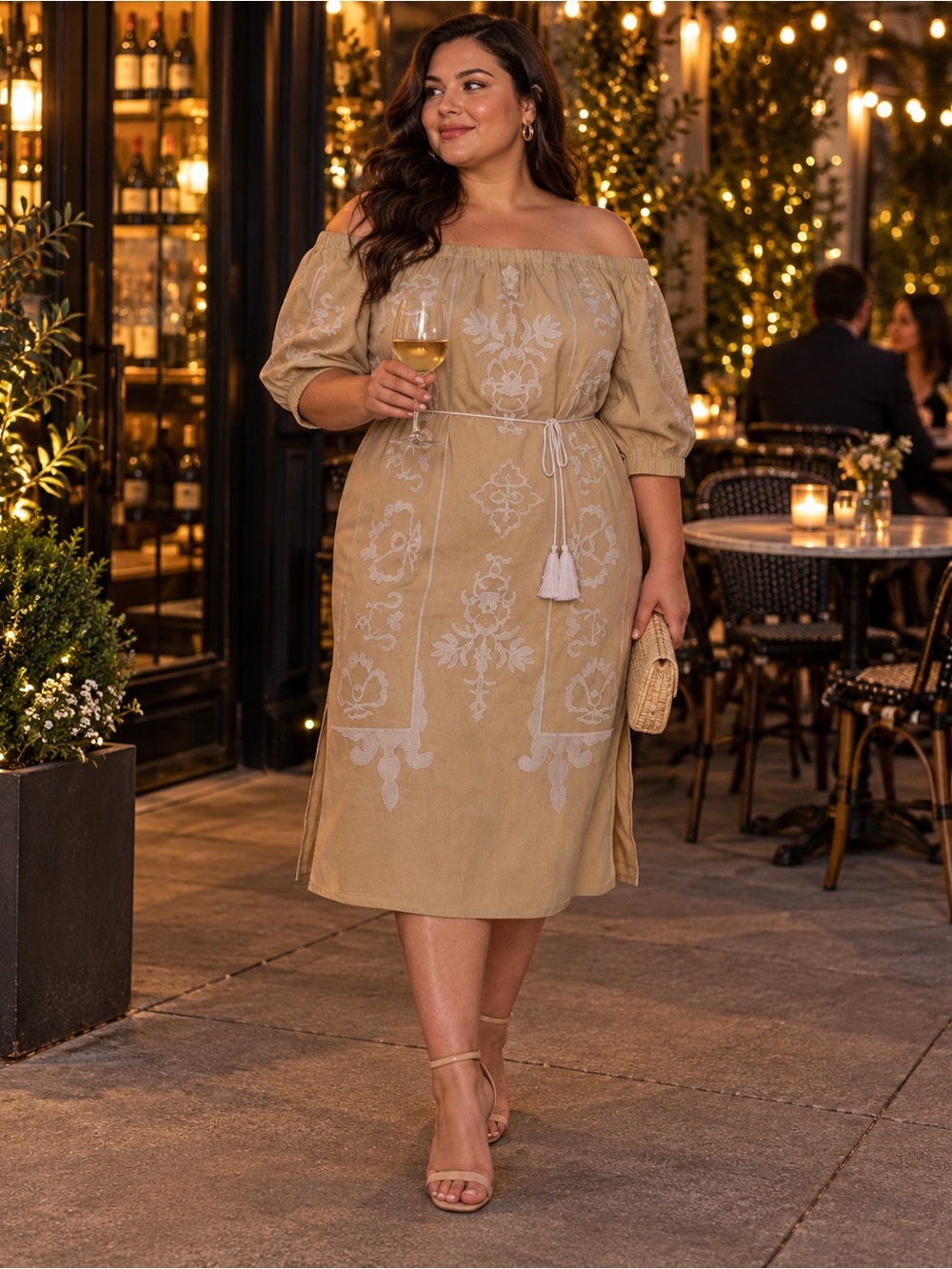 NWT Vince Camuto Off Shoulder Linen Midi Dress Beige Embroidered Plus Size 2X